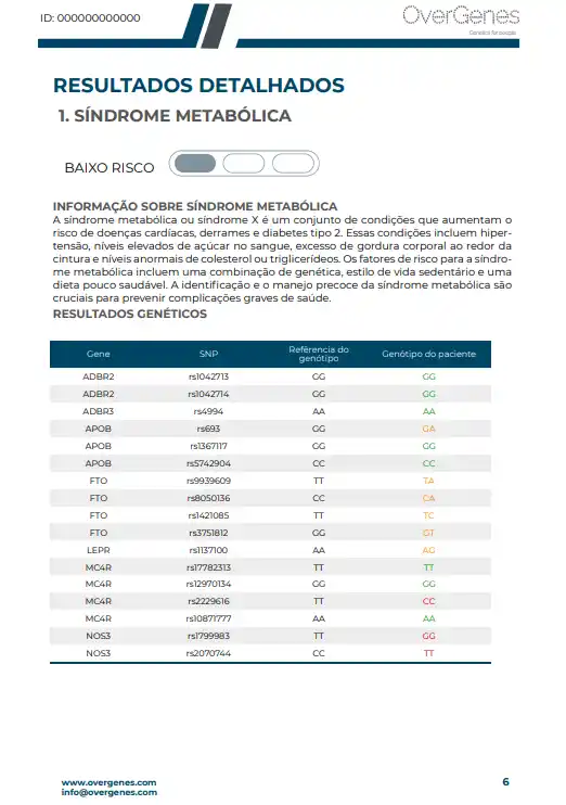 Conteúdo do relatório MyAgeing da Overgenes