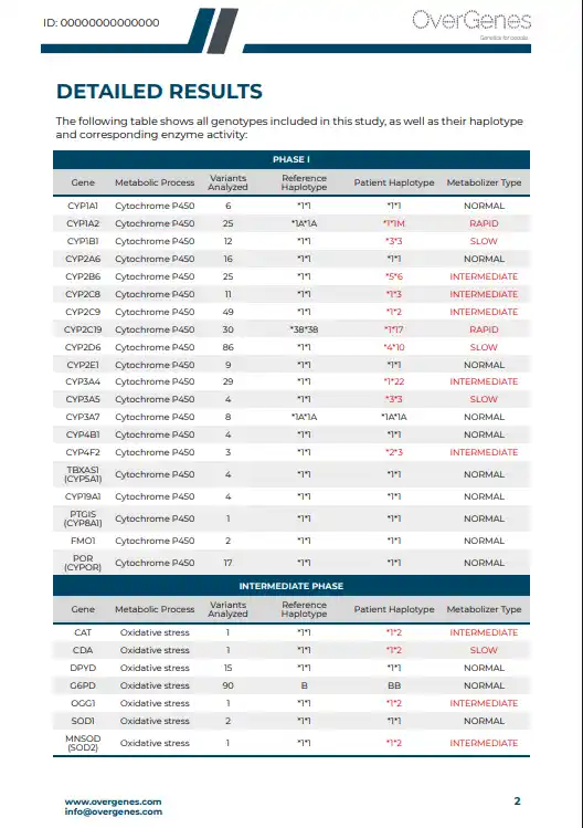 Content of the Overgenes MyDetox report