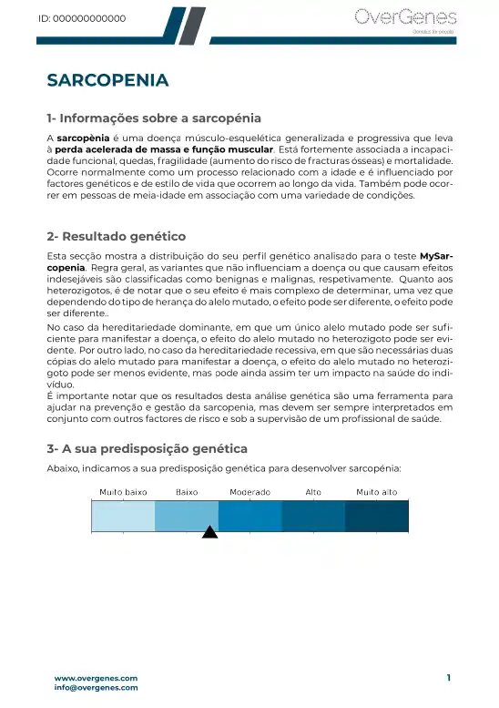 Conteúdo do relatório MyPrevention Sarcopenia da Overgenes
